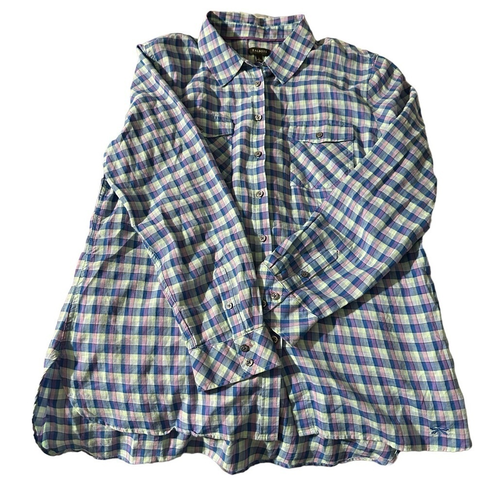 Talbot women's large long sleeve button down purple and blue checkered shirt